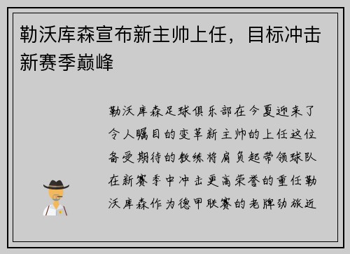 勒沃库森宣布新主帅上任，目标冲击新赛季巅峰