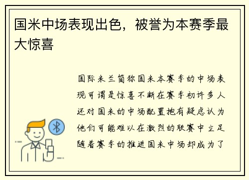 国米中场表现出色，被誉为本赛季最大惊喜